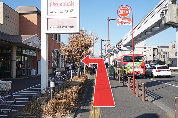 ピーコックストア玉川上水店さんを過ぎて、横断歩道の手前を左折します